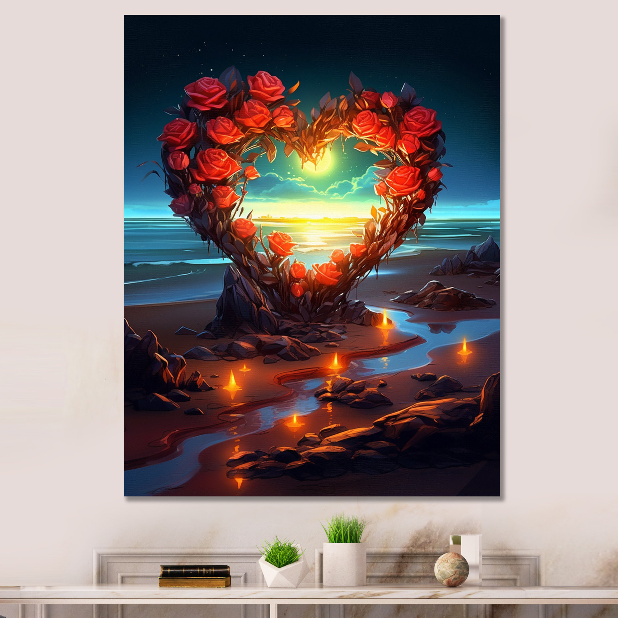 Red Barrel Studio® Vibrant Red Roses Hart on Sunset Beach Print Wayfair